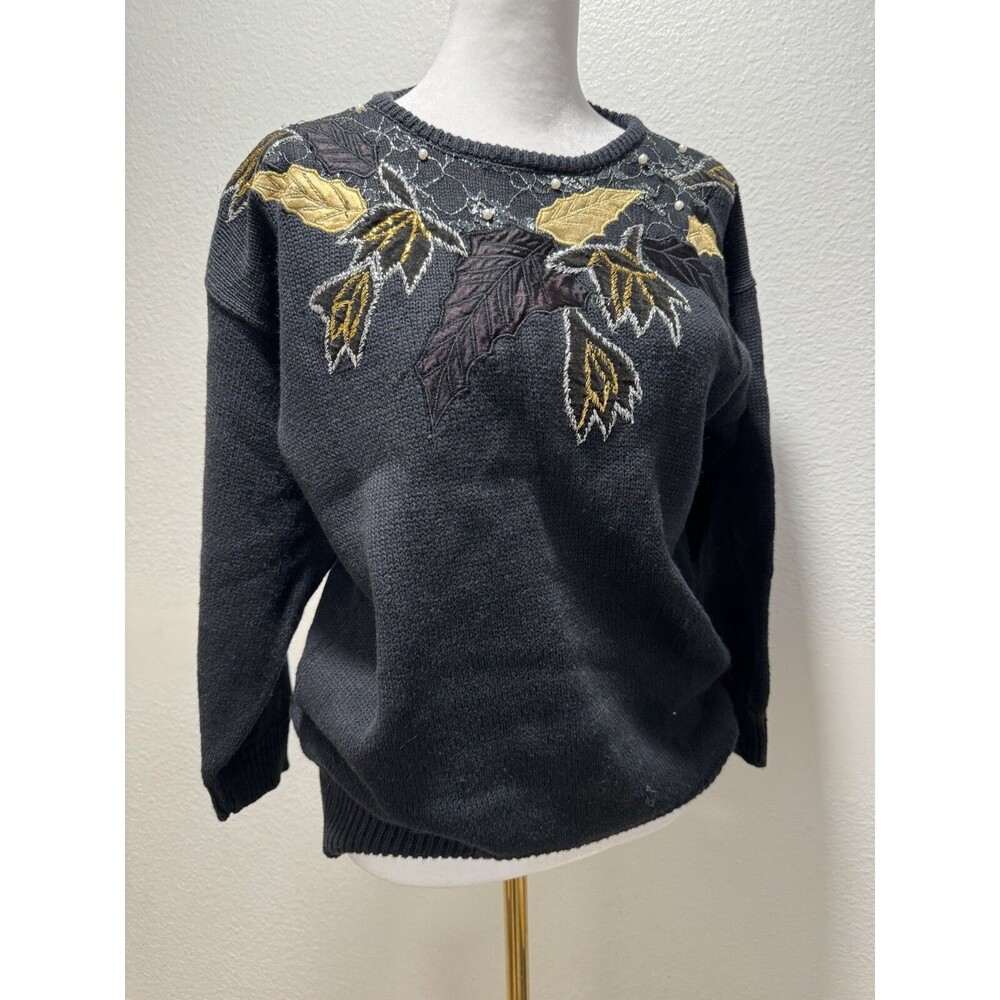 Vintage P ‘Galli Design Black And Gold Leaves Pearl Sweater Holiday Winter Med